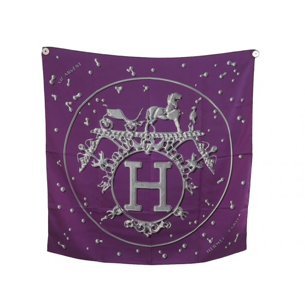 FOULARD HERMES VIF ARGENT D. RYBALTCHENKO CARRE 90 CM EN SOIE VIOLET SCARF 495€