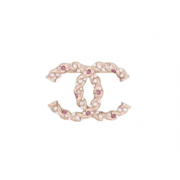 NEUF BROCHE CHANEL LOGO CC PERLES ET STRASS EN METAL DORE GOLD STEEL BROOCH 650€