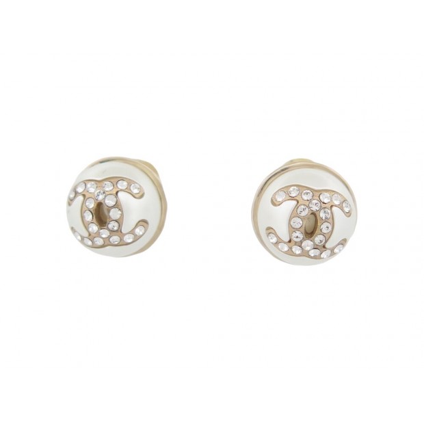 NEUF BOUCLES OREILLES CHANEL PUCES PERLES ET LOGO CC STRASS METAL EARRINGS 650€