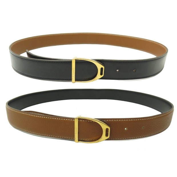 VINTAGE CEINTURE HERMES LIEN REVERSIBLE 28MM + BOUCLE ETRIER DORE T 80 BELT 630€