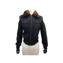 VESTE LOUIS VUITTON BLOUSON COL LEOPARD EN VISON S 36 DENIM NOIR JACKET 2300€