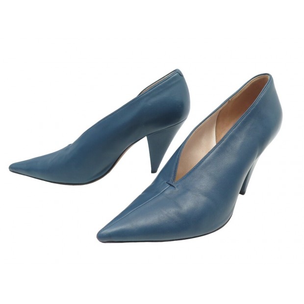 CHAUSSURES CELINE ESCARPINS SOFT V NECK 37 CUIR BLEU LEATHER PUMPS SHOES 650€