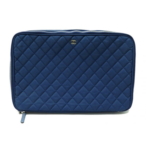 SAC POCHETTE CHANEL ORDINATEUR JERSEY MATELASSEE BLEU BLUE CANVAS COMPUTER CASE