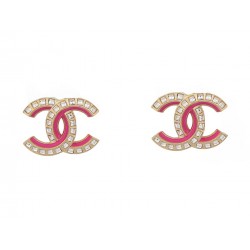 NEUF BOUCLES D'OREILLES CHANEL PUCES LOGO CC STRASS & EMAIL ROSE EARRINGS 700€