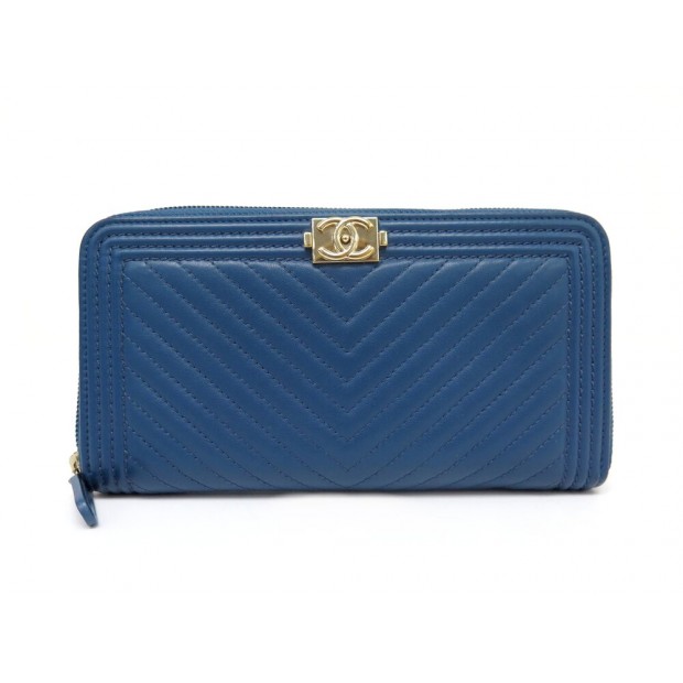 NEUF PORTEFEUILLE CHANEL BOY CUIR CHEVRON BLEU + BOITE NEW LEATHER WALLET 1040€