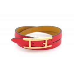 BRACELET HERMES BEHAPI DOUBLE TOUR 16 A 18 CM CUIR ROUGE RED BANGLE STRAP 340€