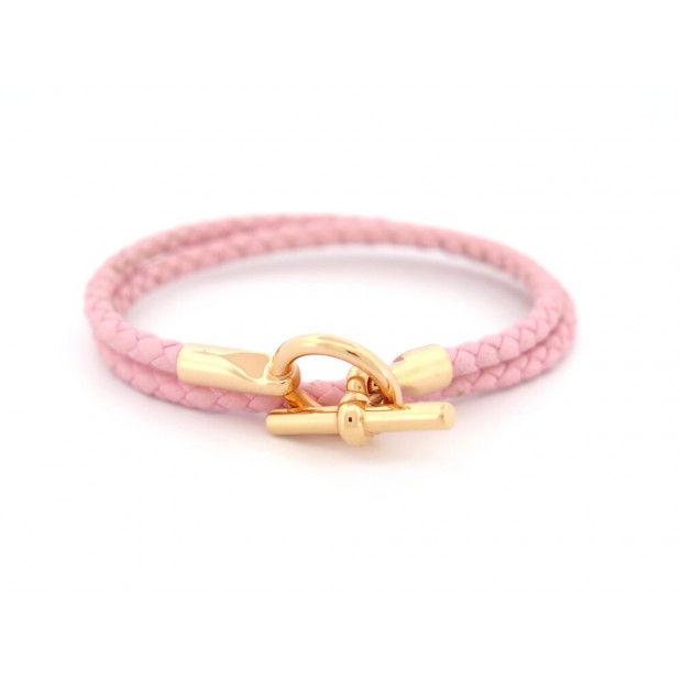 BRACELET HERMES GLENAN DOUBLE TOUR H071689 16 EN CUIR ROSE BANGLE STRAP 340€