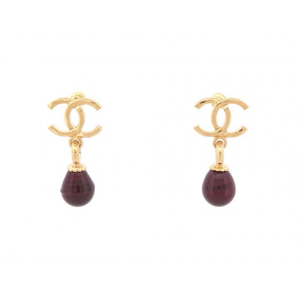 NEUF BOUCLES D'OREILLES CHANEL LOGO CC PENDANTES PERLES BORDEAUX EARRINGS 750€