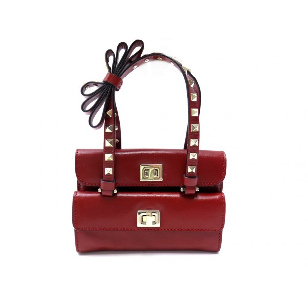 SAC A MAIN VALENTINO MINI ROCKSTUD NOEUD CUIR ROUGE LEATHER HAND BAG PURSE 1900€