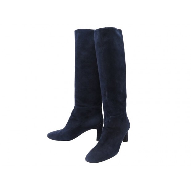 CHAUSSURES HERMES BOTTES A TALON 37 DAIM BLEU MARINE NAVY BLUE SUEDE BOOTS 1900€