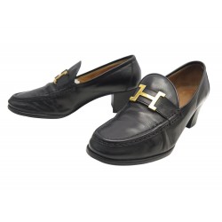 CHAUSSURES HERMES MOCASSINS A TALONS BOUCLE H 37.5 CUIR NOIR BLACK LOAFERS 950€