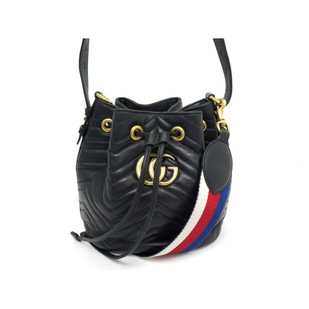 SAC A MAIN GUCCI SEAU GG MARMONT BUCKET 476674 CUIR CHEVRON NOIR HANDBAG 1100€