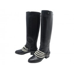 NEUF CHAUSSURES BOTTES CHANEL CAVALIERES PERLES G33933 40.5 EN CUIR BOOTS 2250€