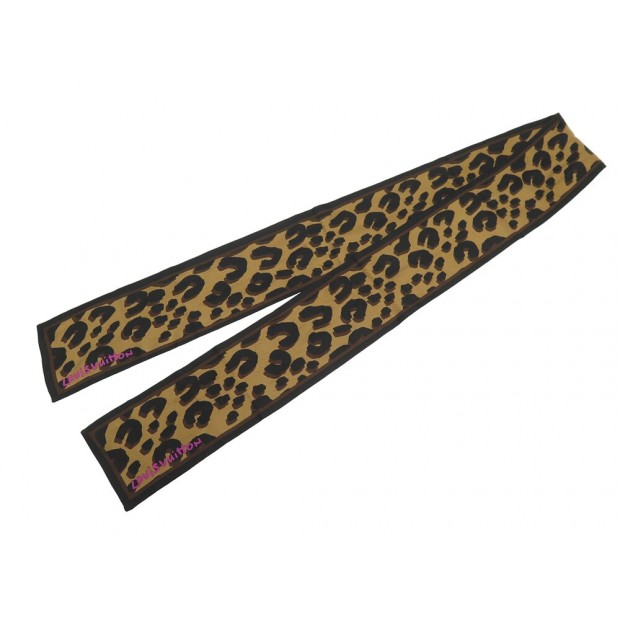 FOULARD LOUIS VUITTON TWILLY BANDEAU LEOPARD SPROUSE SOIE NOIR SILK SCARF 210€