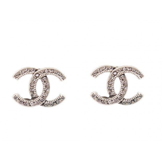 NEUF BOUCLES D'OREILLES CHANEL LOGO CC EFFET VIEILLI & STRASS NEW EARRINGS 650€