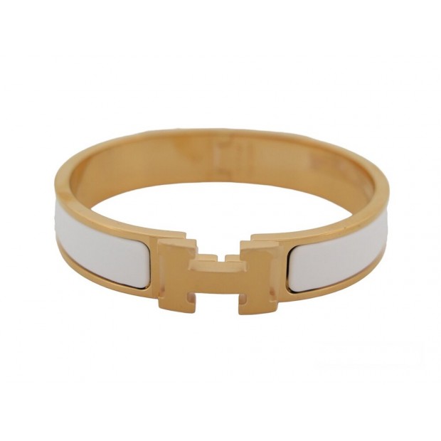 NEUF BRACELET HERMES CLIC H PM H700001F EMAIL BLANC & PLAQUE OR 18CM BANGLE 575€