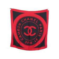 VINTAGE FOULARD CHANEL LOGO CC 31 RUE CAMBON EN SOIE ROUGE NOIR SILK SCARF 530€