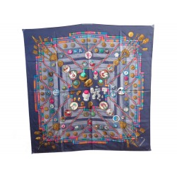 FOULARD HERMES PETITE MAIN CATHY LATHAM CARRE EN SOIE BLEU BLUE SILK SCARF 345€