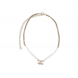 NEUF COLLIER CHANEL CHOCKER LOGO CC ET PERLES 38-52 CM METAL DORE NECKLACE 1100€