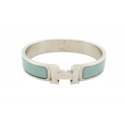 BRACELET HERMES CLIC H EN METAL ARGENTE ET EMAIL BLEU 18 CM STRAP BANGLE 640€