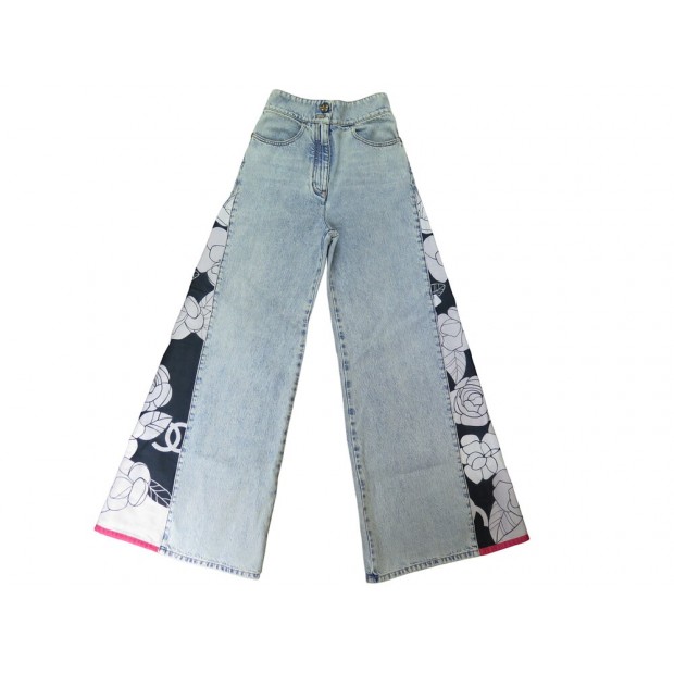 NEUF PANTALON CHANEL WIDE LEG PATCHWORK LOGO CC & CAMELIA 36 S JEAN PANTS 2100€