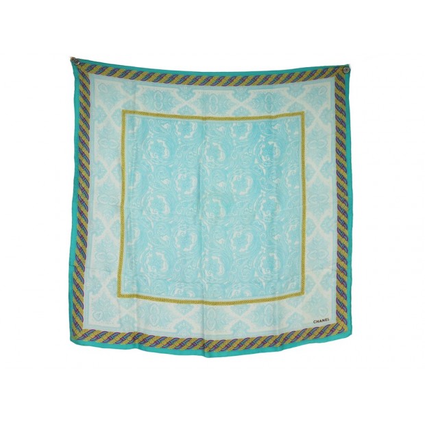 VINTAGE FOULARD CHANEL MOTIF BANDANA CARRE EN SOIE BLEU BLUE SILK SCARF 530€