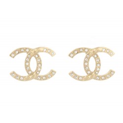 NEUF BOUCLES D'OREILLES CHANEL LOGO CC STRASS METAL DORE GOLDEN EARRING NEW 650€