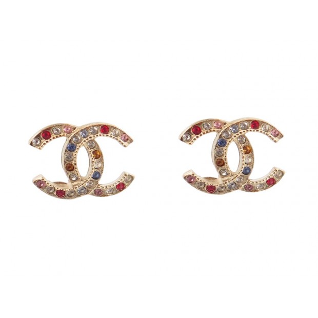 NEUF BOUCLES D'OREILLES CHANEL LOGO CC STRASS MULTICOLORES METAL EARRINGS 650€