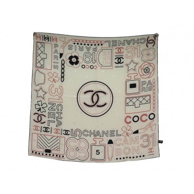 FOULARD CHANEL LOGO CC 31 RUE CAMBON CARRE 90 CM SOIE ECRUE SILK SCARF 530€