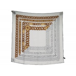 FOULARD CHANEL LOGO CC ET CHAINES CARRE 90 CM EN SOIE BLANCHE SILK SCARF 530€