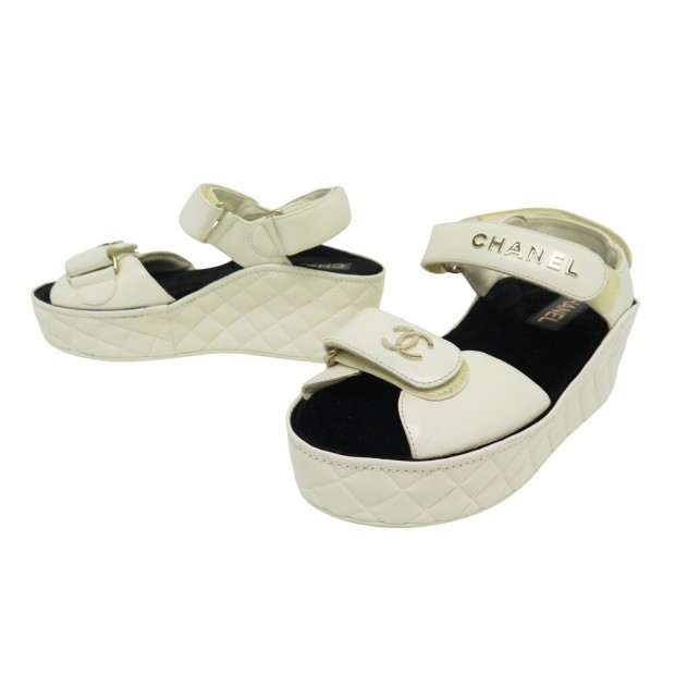 CHAUSSURES CHANEL DAD G37455 SANDALES COMPENSEES 38 CUIR BLANC CASSE SHOES 1200€