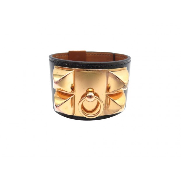 BRACELET HERMES COLLIER DE CHIEN MEDOR CUIR BOX NOIR DORE T1 15-17 BANGLE 1250€