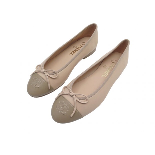 NEUF CHAUSSURES CHANEL BALLERINES LOGO CC GO2819 36.5 CUIR BEIGE + POCHON 890€