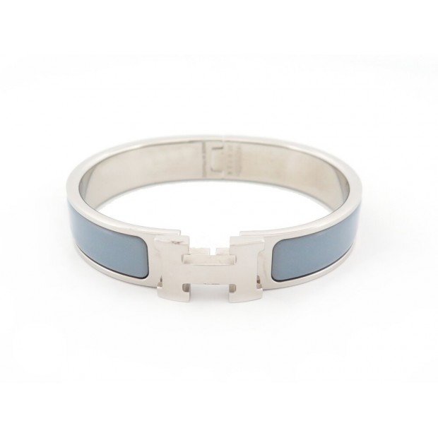 NEUF BRACELET HERMES CLIC H EN METAL ARGENTE ET EMAIL BLEU 18 CM NEW BANGLE 640€