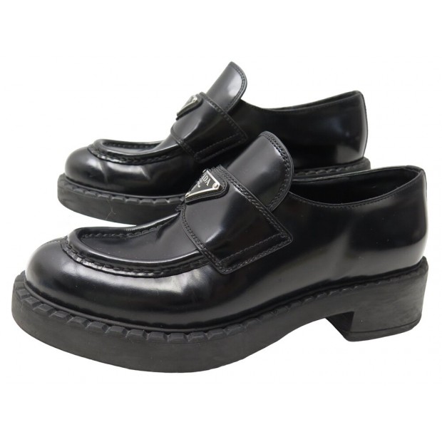 CHAUSSURES PRADA CHOCOLATE 1D246M EN CUIR BROSSE NOIR 35.5 MOCASSINS SHOES 940€