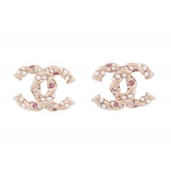 NEUF BOUCLES D'OREILLES CHANEL LOGO CC PERLES STRASS EN METAL DORE EARRINGS 650€