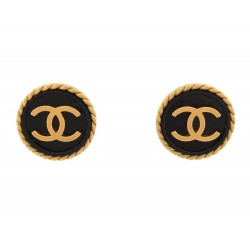 VINTAGE BOUCLES D'OREILLES CHANEL RONDES LOGO CC CLIP 1995 METAL DORE EARRINGS