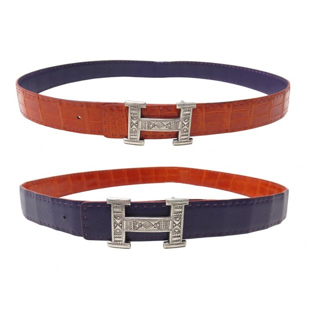 BOUCLE DE CEINTURE HERMES H TOUAREG ARGENT + LIEN EN CUIR DE CROCODILE T90 BELT