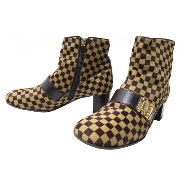 CHAUSSURES LOUIS VUITTON DAMIER SAUVAGE LOCK EN CUIR POULAIN 39 BOTTINES BOOTS