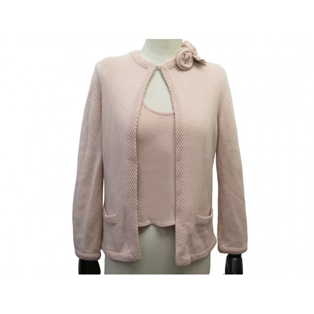 TWIN SET CHANEL CACHEMIRE ROSE GILET + TOP PULL S 36 FLEURS STRASS JACKET 7150€