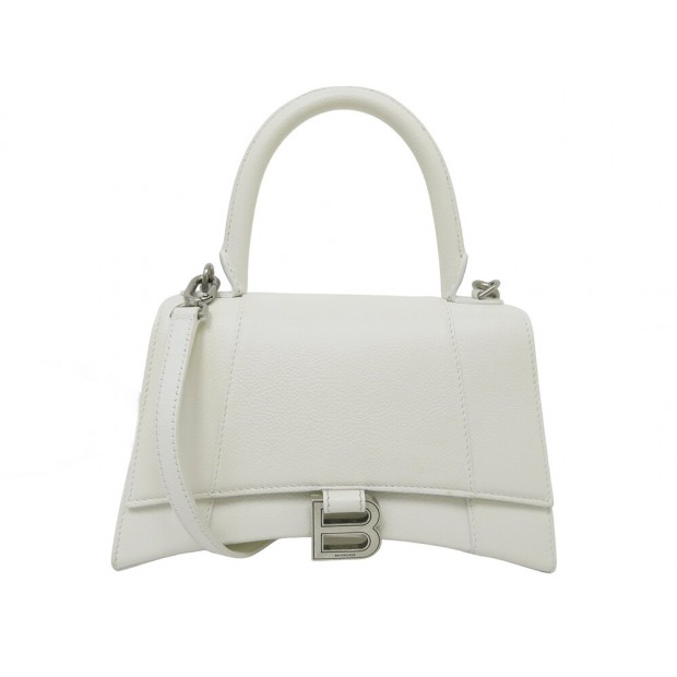 SAC A MAIN BALENCIAGA HOURGLASS PM 593546 EN CUIR GRAINE BLANC BANDOULIERE 2200€