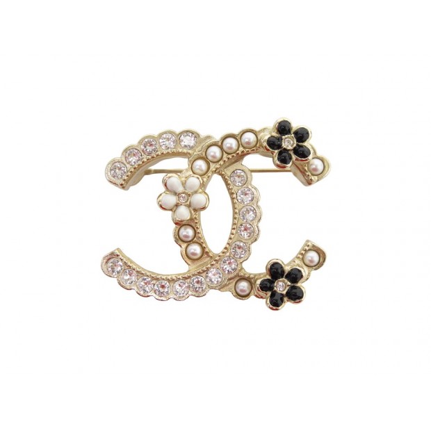 NEUF BROCHE CHANEL LOGO CC PERLES ET STRASS CAMELIAS DORE+ BOITE NEW BROOCH 700€