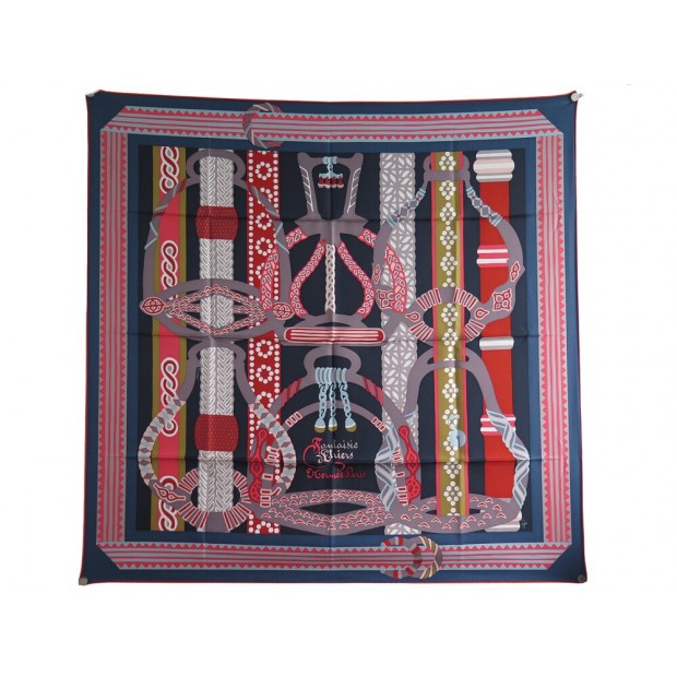 NEUF FOULARD HERMES FANTAISIE D'ETRIERS CARRE 90CM SOIE BLEU NEW SILK SCARF 495€