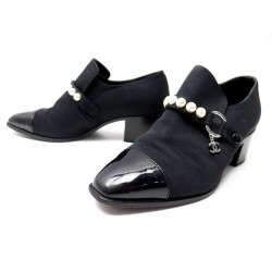 CHAUSSURES CHANEL G34219 MOCASSINS CHAINE PERLES LOGO CC 37 DAIM NOIR SHOE 1500€