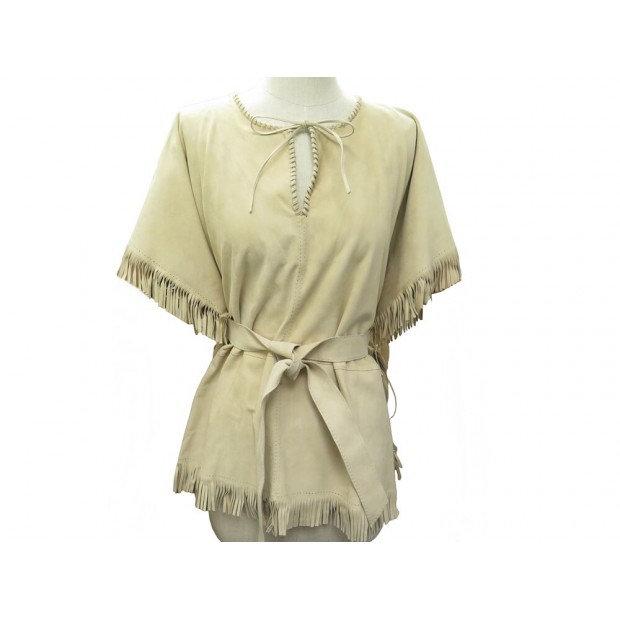 PONCHO HERMES FRANGES M 38 EN CUIR VEAU VELOURS BEIGE VESTE MANTEAU JACKET 4000€