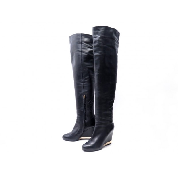 CHAUSSURES CHANEL BOTTES CUISSARDES COMPENSEES G31303 39 CUIR NOIR BOOTS 1800€