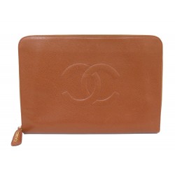 VINTAGE POCHETTE CHANEL ORDINATEUR LOGO CC CUIR CAVIAR CAMEL GOLD POUCH 1700€