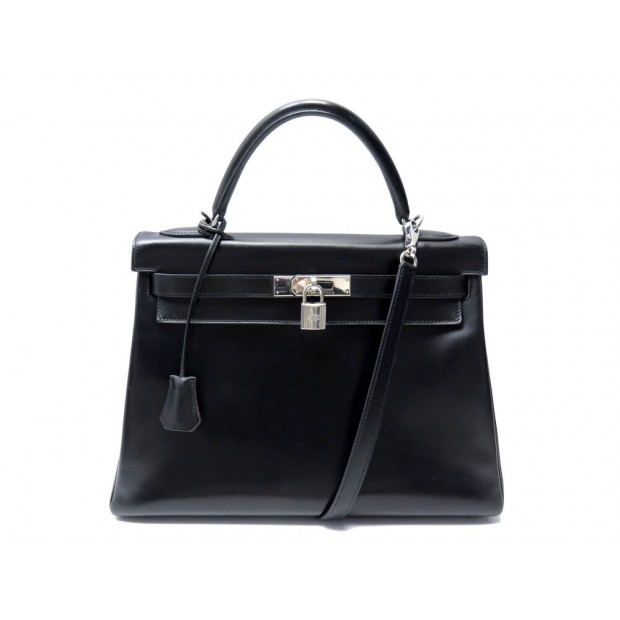 SAC A MAIN HERMES KELLY II 32 RETOURNE EN CUIR BOX NOIR & ARGENT BANDOULIERE BAG