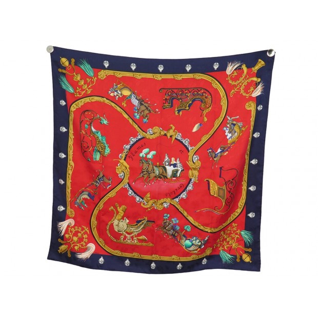 FOULARD HERMES PLUMES ET GRELOTS SOIE BROCHEE ROUGE BLEU SILK ABADIE SCARF 495€