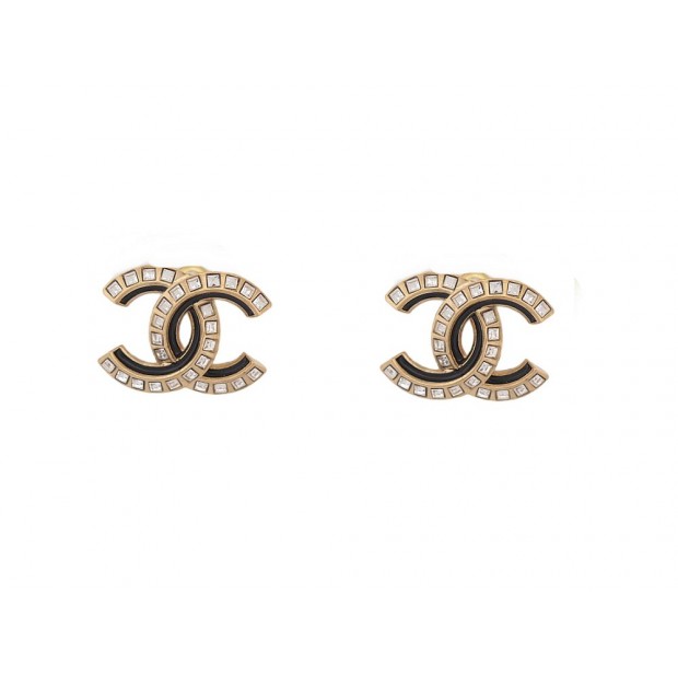 NEUF BOUCLES D'OREILLES CHANEL LOGO CC STRASS PUCES EN METAL DORE EARRINGS 700€